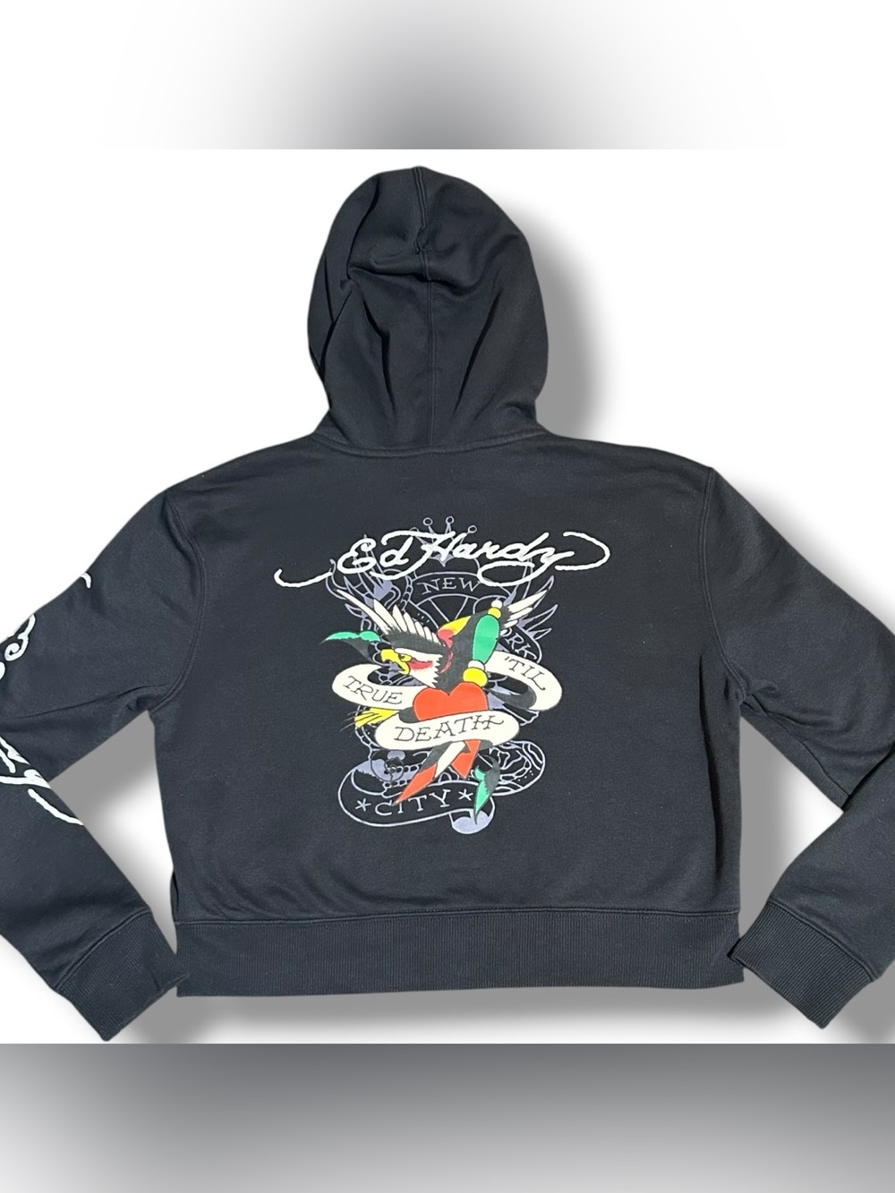 Ed Hardy Cropped Hoodie Womens Large Black Eagle Tattoo True Til Death Y2K